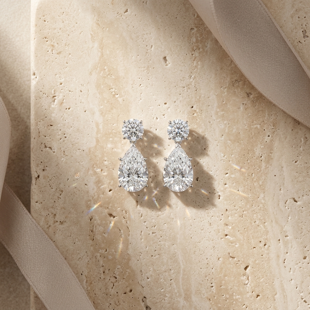 Sterling Silver Pear and Round Cut Drop Earrings