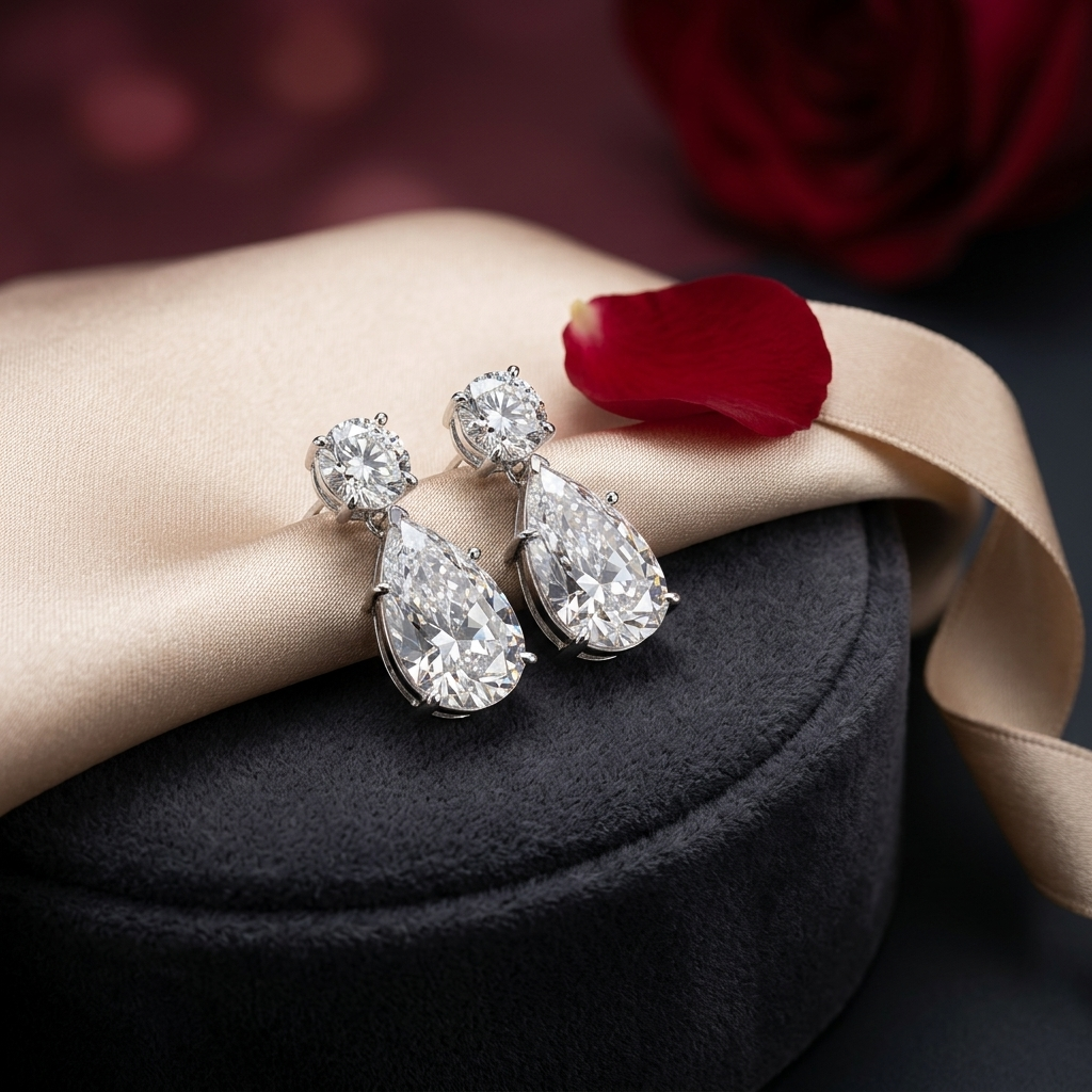 Sterling Silver Pear and Round Cut Drop Earrings
