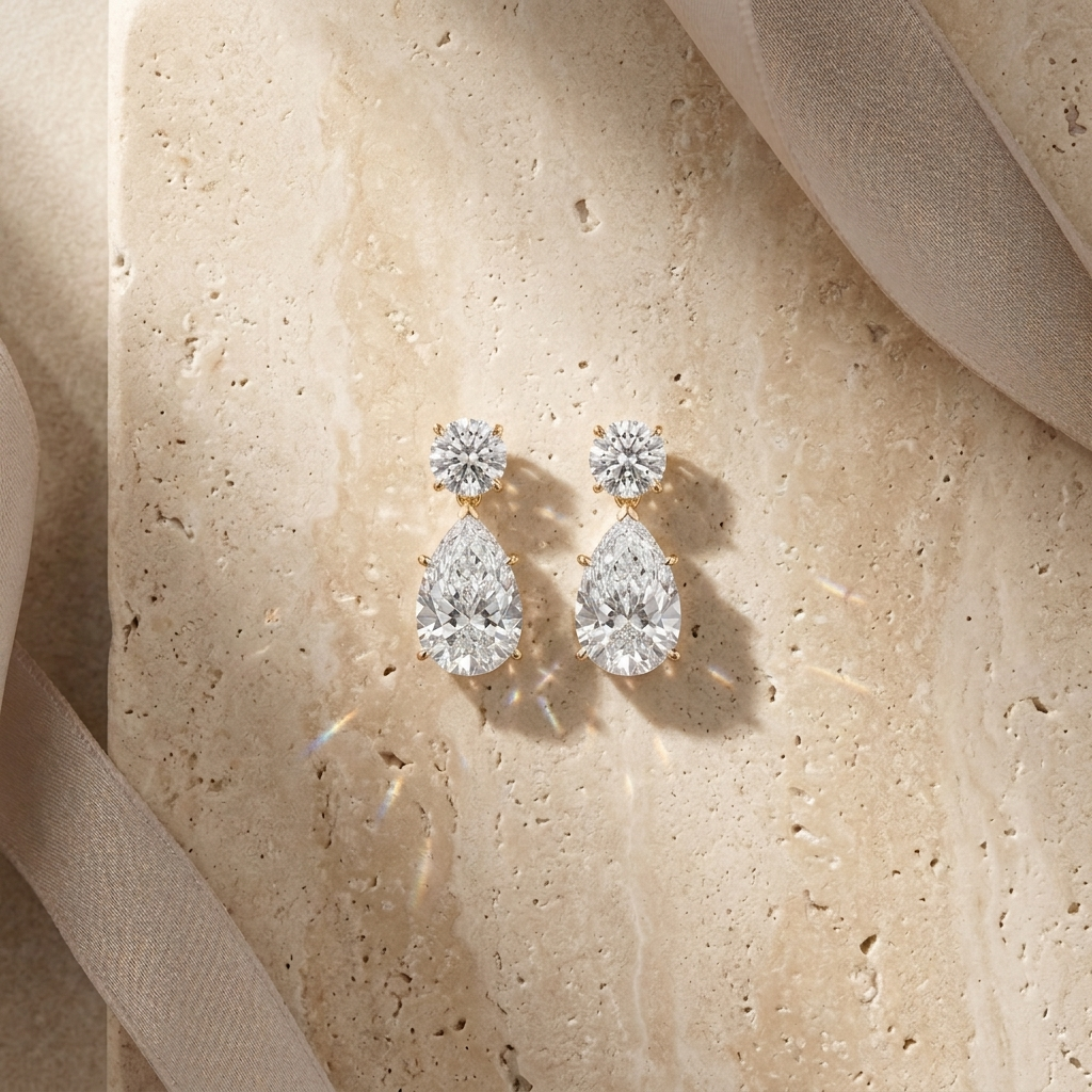 Sterling Silver Pear and Round Cut Drop Earrings
