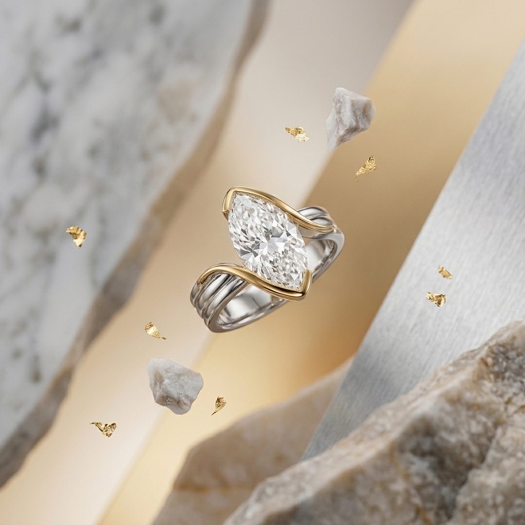 Silver and Gold Sculptural Marquise Ring