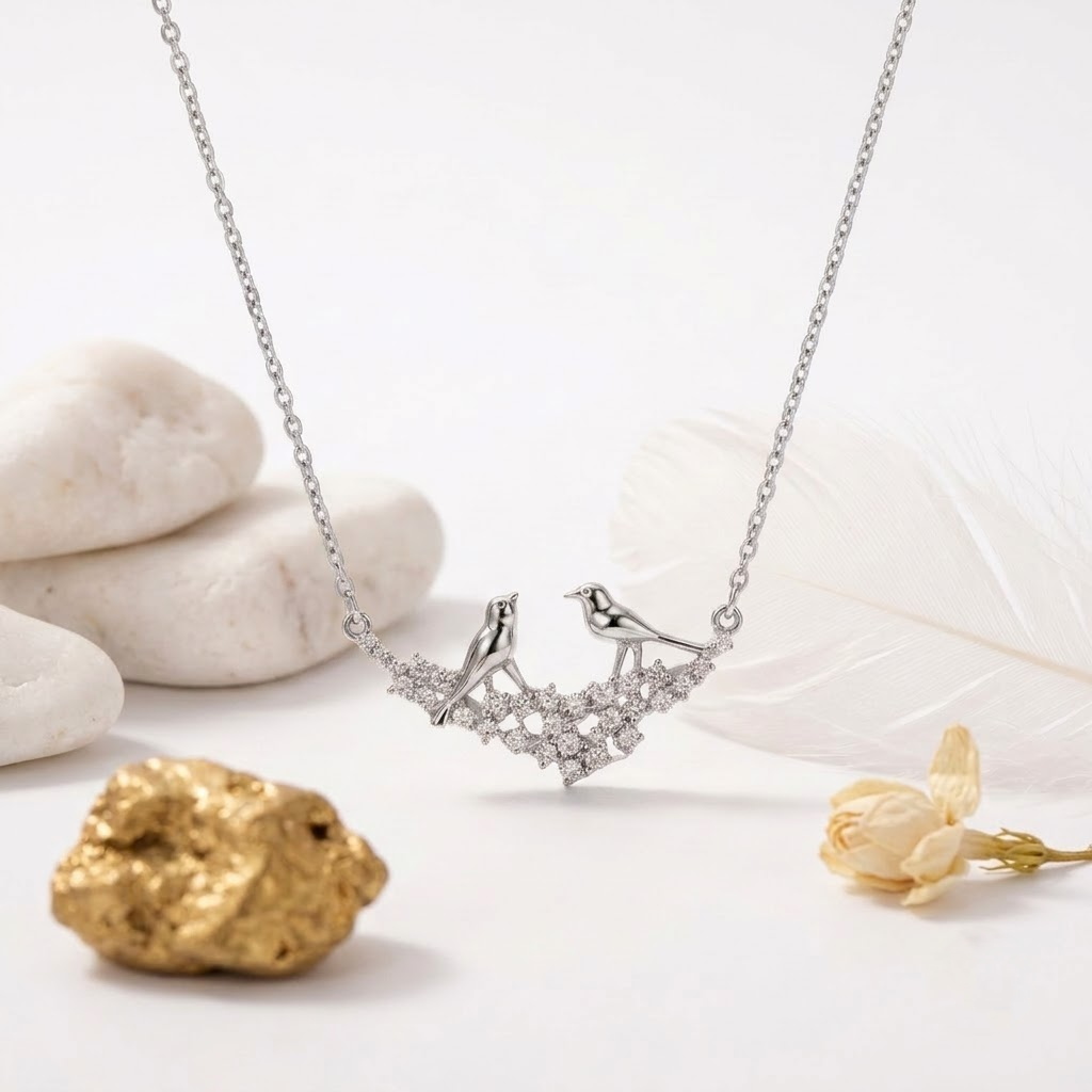 925 Sterling Silver Lovebirds on a Branch Pendant