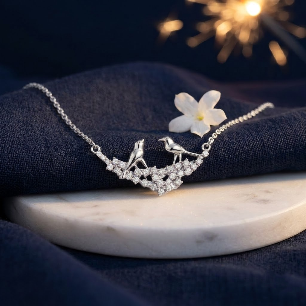 925 Sterling Silver Lovebirds on a Branch Pendant