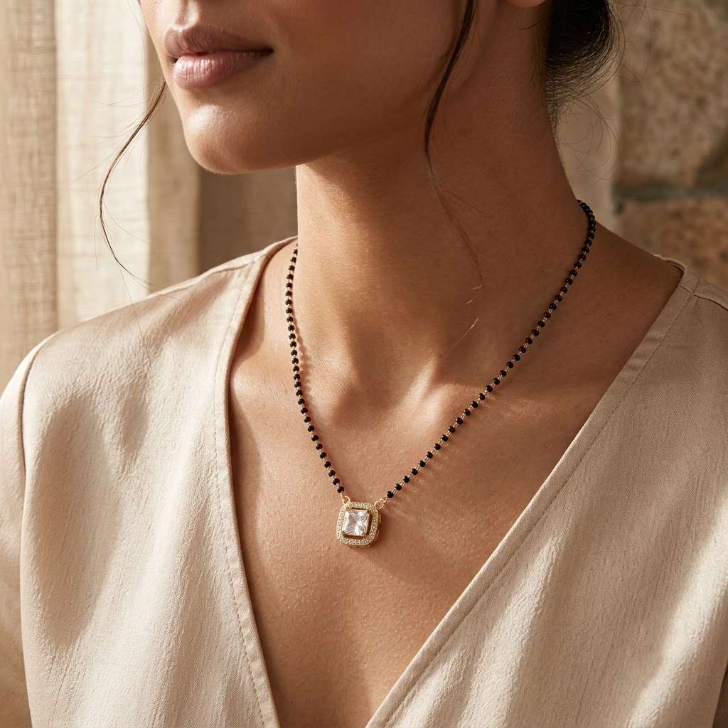 925 Sterling Silver Cushion Cut Halo Mangalsutra