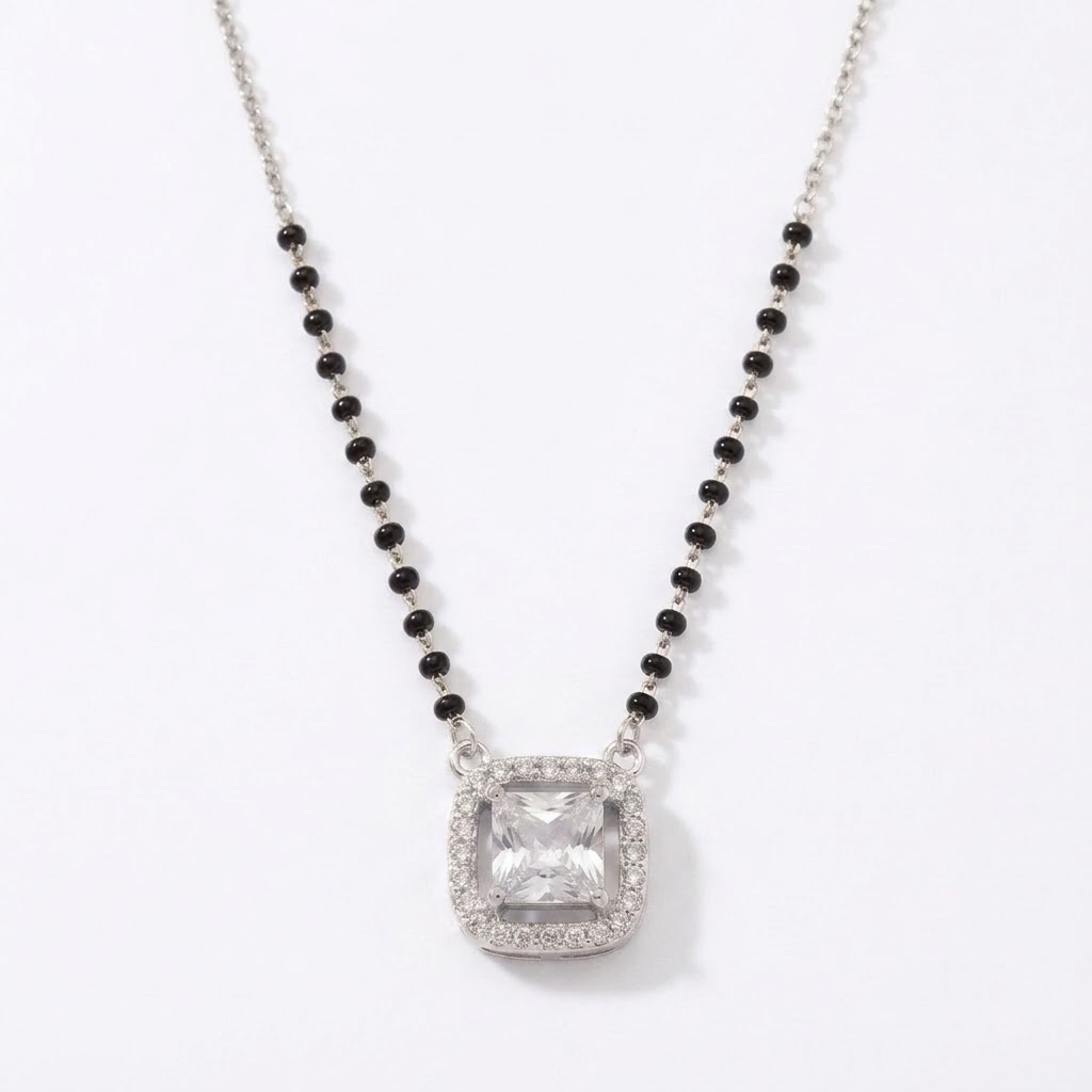 925 Sterling Silver Cushion Cut Halo Mangalsutra